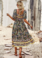Beach Square Neck Bohemian Print Dress