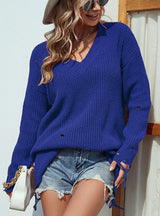 Solid Color V-neck Pierced Tassel Sweater
