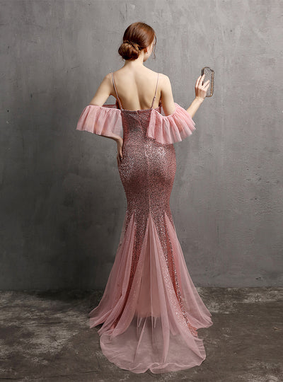 Tassel Mermaid Sequins Straps Prom Dress