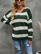 Loose Stitching V-neck Striped Sweater