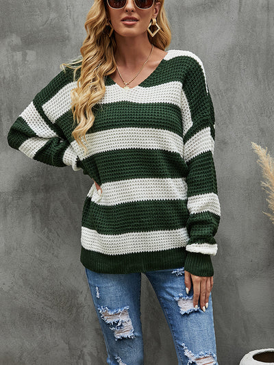 Loose Stitching V-neck Striped Sweater