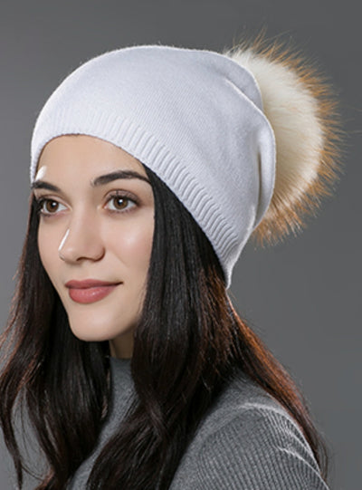 Hat Wool Knitted Beanies Cap Fox Fur