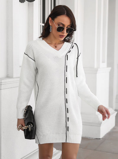 Drawstring V-neck Long Sleeve Sweater Dress
