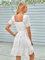 V Neck Solid Color Waist Short Sleeve Dress