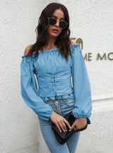Women Lantern Sleeve Lace Up Shirt