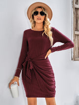 Long Sleeve Round Neck Solid Color Slim Dress