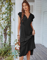 V-neck Sexy Fly Sleeve Solid Color Dress