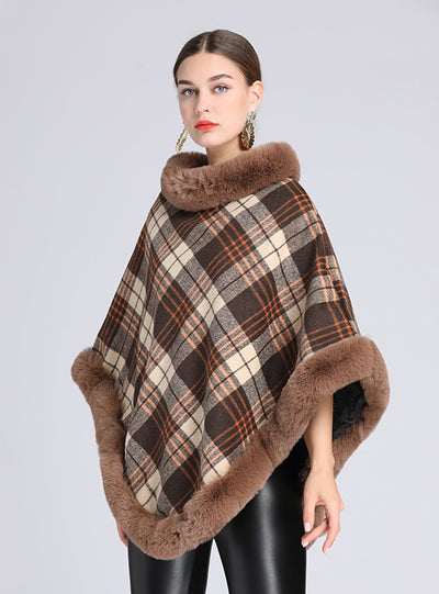 Plaid Plus Imitation Rex Rabbit Fur Collar Shawl Knitting