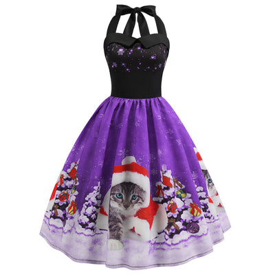 Retro Christmas Printed Halter Dress
