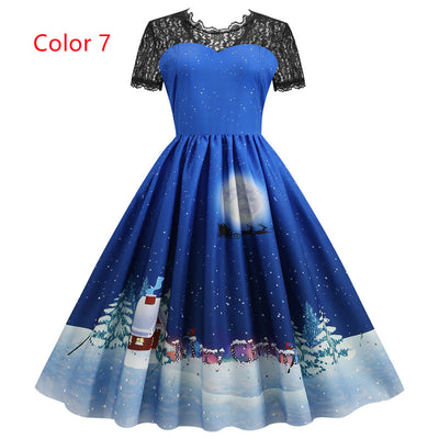 Christmas Short Sleeve Printed Lace Stitching Dress