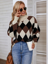 Collar Plaid Color Matching Knitted Loose Sweater