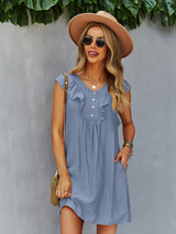 Round Neck Lotus Leaf Sleeve Solid Color Casual Dress