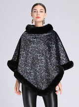 Fur-padded Fur Collar Cape Shawl Leopard-print Woolen Coat