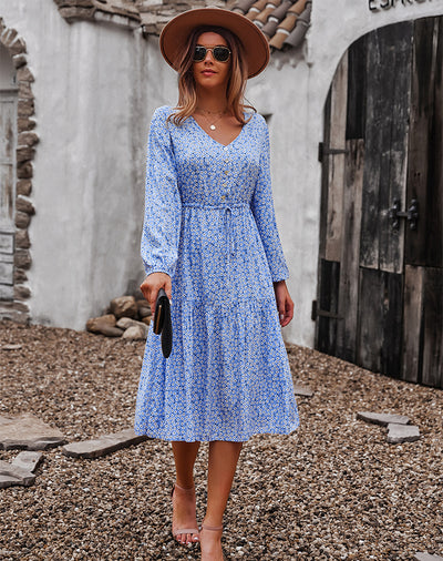 V-neck Sexy Big Swing Long Sleeve Dress