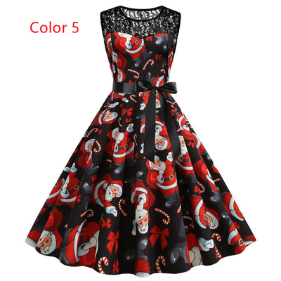 Christmas Printed Lace Stitching Dress
