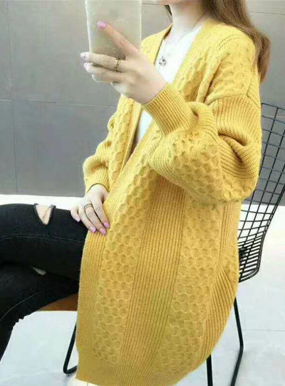 V neck Lantern Sleeve Open Stitch Loose Sweater Jacket