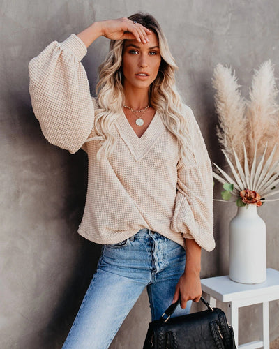 Loose V-neck Lantern Sleeve Top