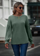 Round Neck Pleated Lantern Sleeve T-shirt