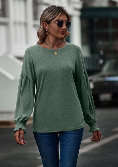 Round Neck Pleated Lantern Sleeve T-shirt