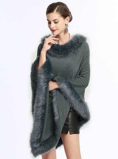Fox Like Fur Collar Round Pullover Sweater Cape Shawl