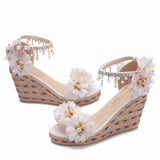 Flower Beaded Fishmouth Wedge Sandals