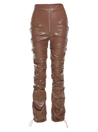 Imitation Leather Trousers High Waist-pack Feet Pants