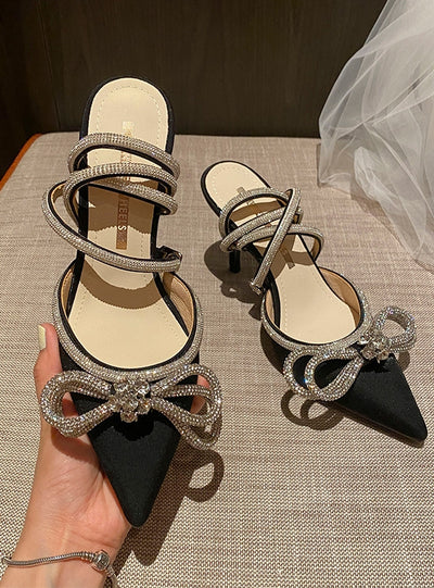 Pointed Buckle Rhinestone Bow Sandal