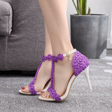 Beaded Thin Heel Fish Mouth Roman Sandals