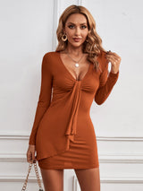 V-neck Long-sleeved Solid Color Dress