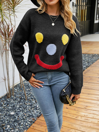 Smiling Face Knitted Loose Round Neck Pullover Sweater