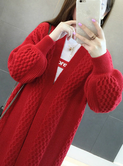 V neck Lantern Sleeve Open Stitch Loose Sweater Jacket