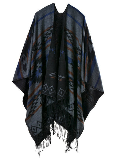 Geometric Rhombic Tassel Cape With Split Shawl