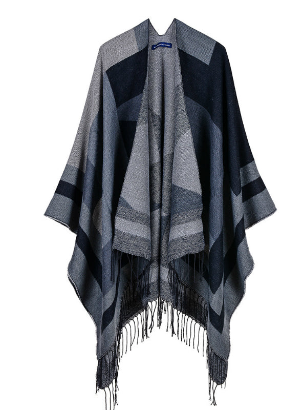 Jacquard Geometric Tassel Matching Contrast Split Cloak