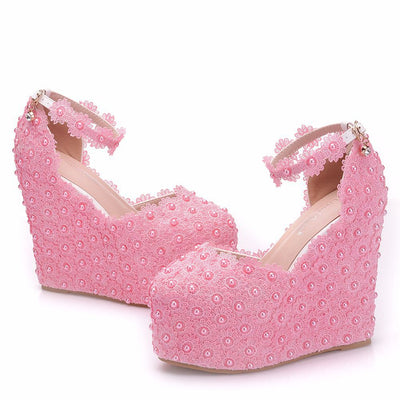 White Lace Wedges Pearl Wedding Shoes