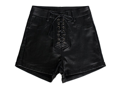 PU Leather High Waist Elastic Tether Shorts
