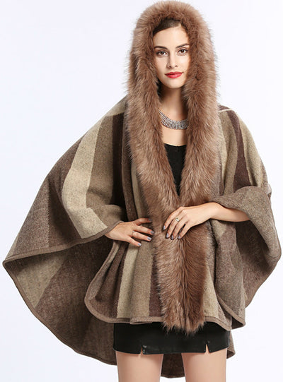 Fox Like Fur Collar Striped Hooded Cape