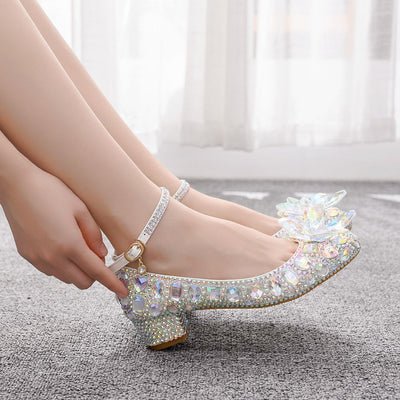 Square Round Head Crystal Flower Wedding Shoes