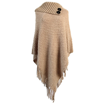 Fringe Button Half Collar Pullover Cape Shawl