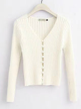 Woman Deep V-neck Long Sleeve Pearl Cardigan Sweater