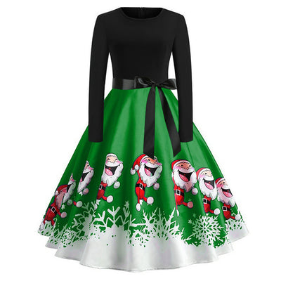 Santa Claus Print Long Sleeve Big Swing Dress