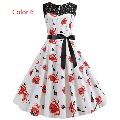 Retro Sleeveless Lace Stitching Print Dress