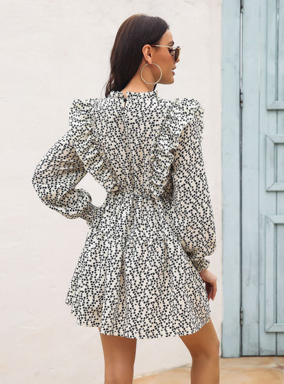 Ruffled Wood Ear Collar Long Sleeve Printed Dress