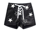 PU Leather Pants Elastic Metal Hole Rope Shorts