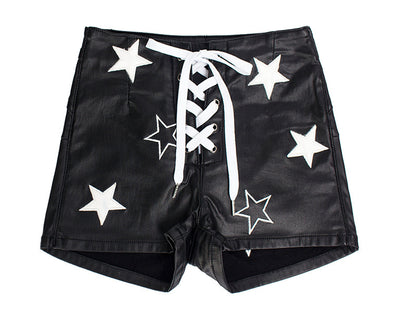 PU Leather Pants Elastic Metal Hole Rope Shorts