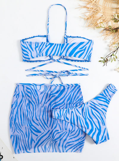 Striped Drawstring Lace-up Three-piece Swimsuit Bikini