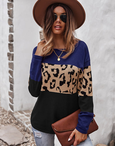 Leopard Print Stitching Long Sleeves Sweater