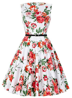 White Short Print Dress Vintage Dress Sash