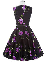 Black Rose Flower Short Vintage Dress With Sash