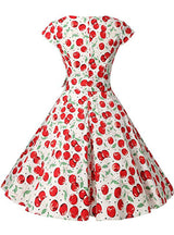 White Cap Sleeve Cherry Print Vintage Dress