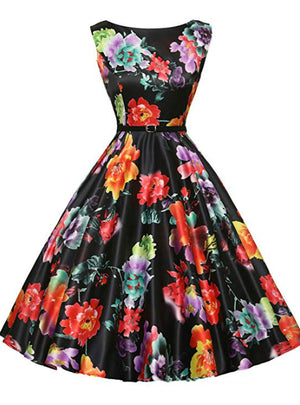 Women Black Print Sleevelss Vintage 1950s Dress